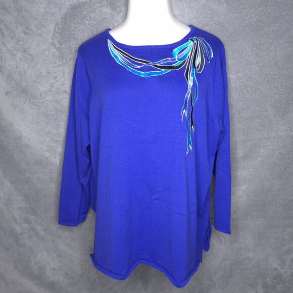 Vintage Bob Mackie Wearable Art 2X Blue Pullover Sweater Long Sleeve Embroidered - Picture 2 of 4